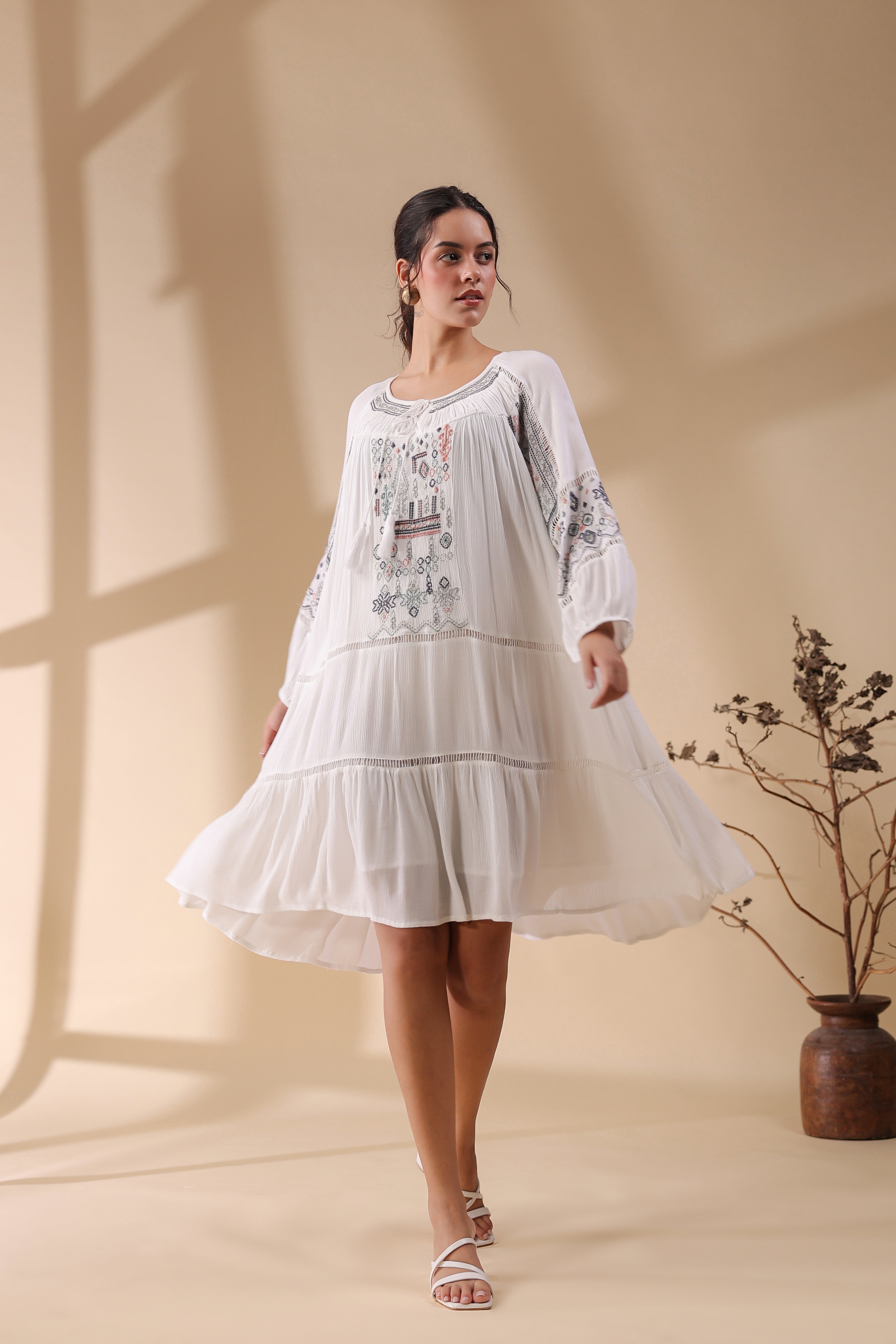 Women White Embroidered Dori & Tassels Peplum Dress