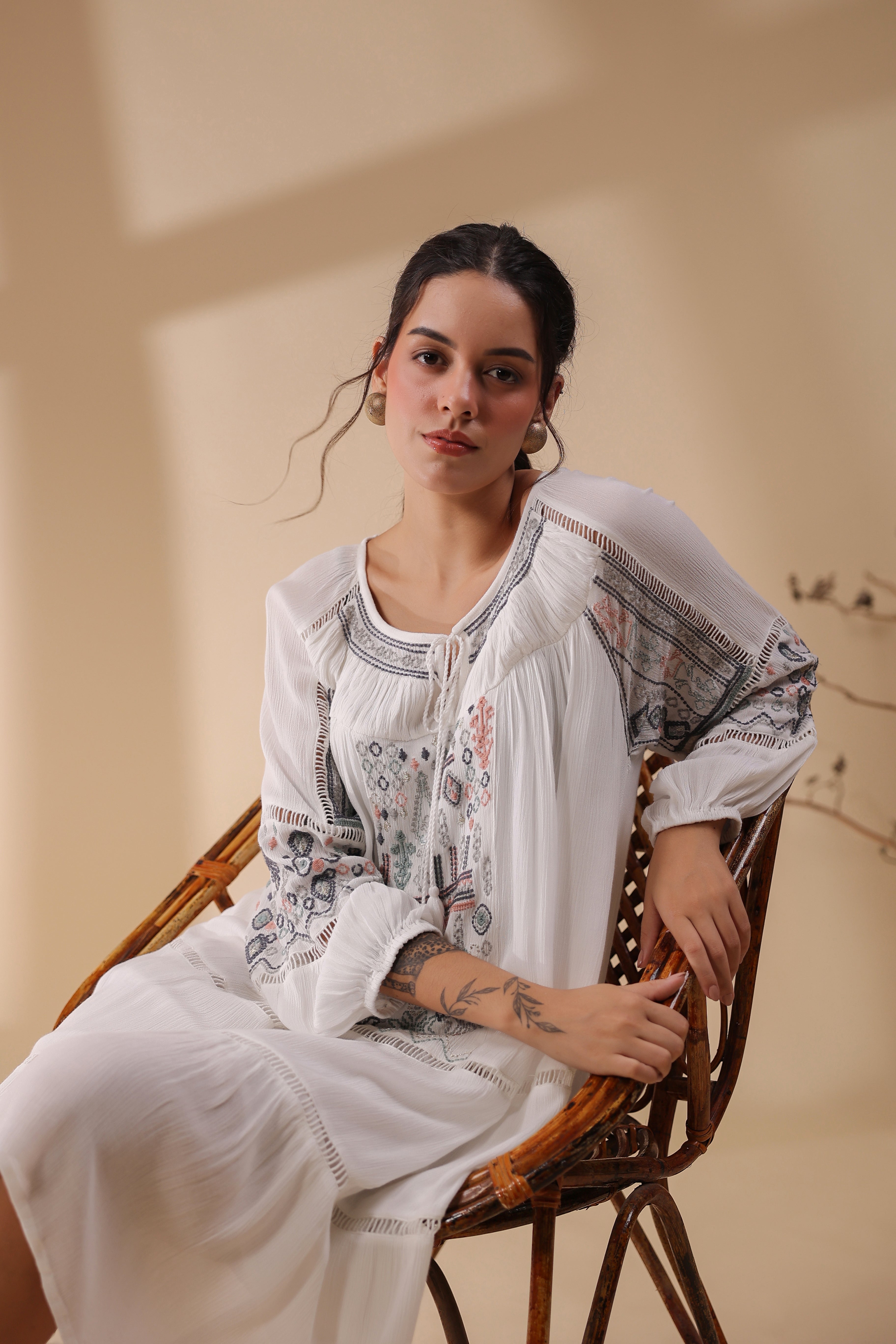 Women White Embroidered Dori & Tassels Peplum Dress