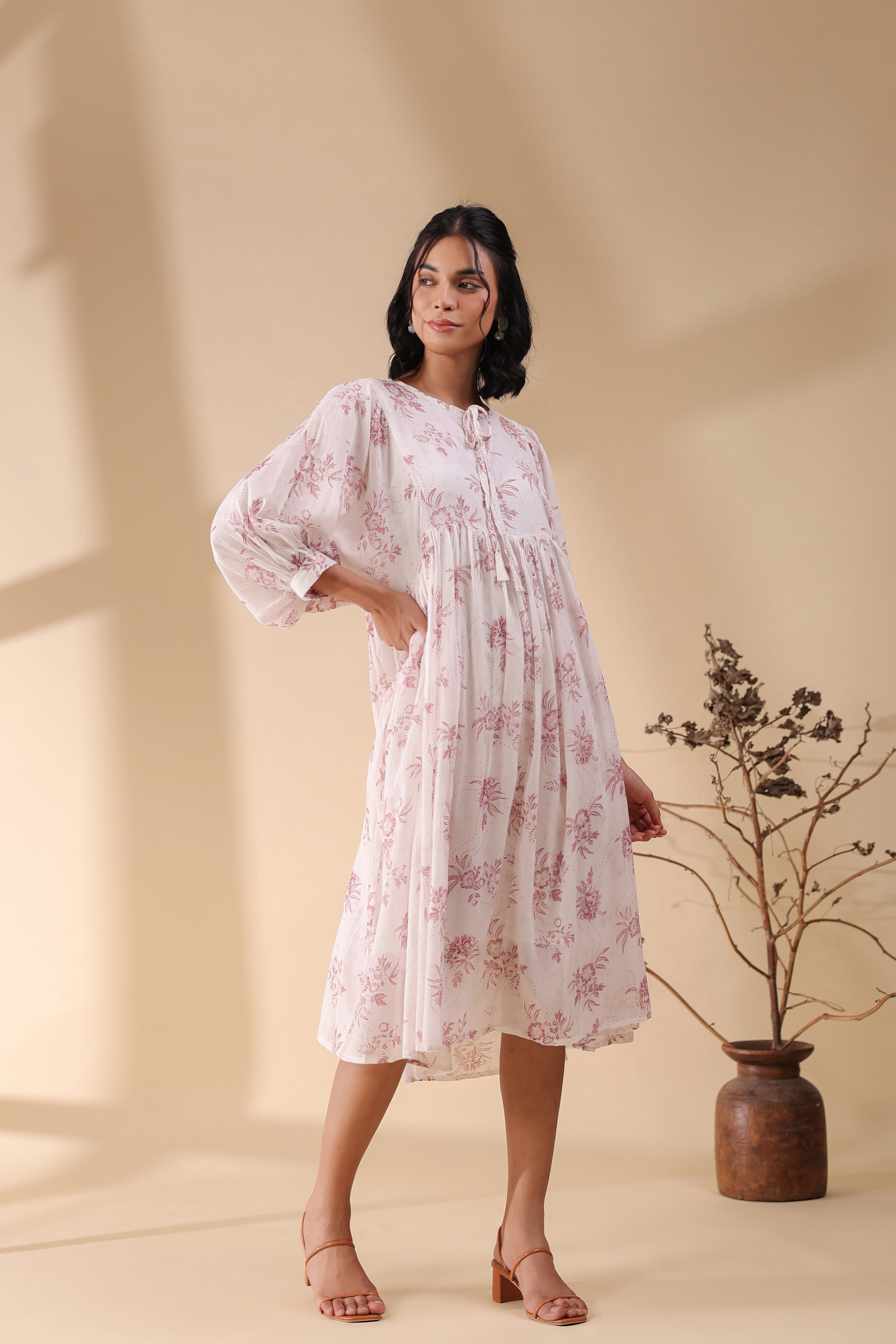 Women Pink Cotton Voile 80X72 Printed Dress