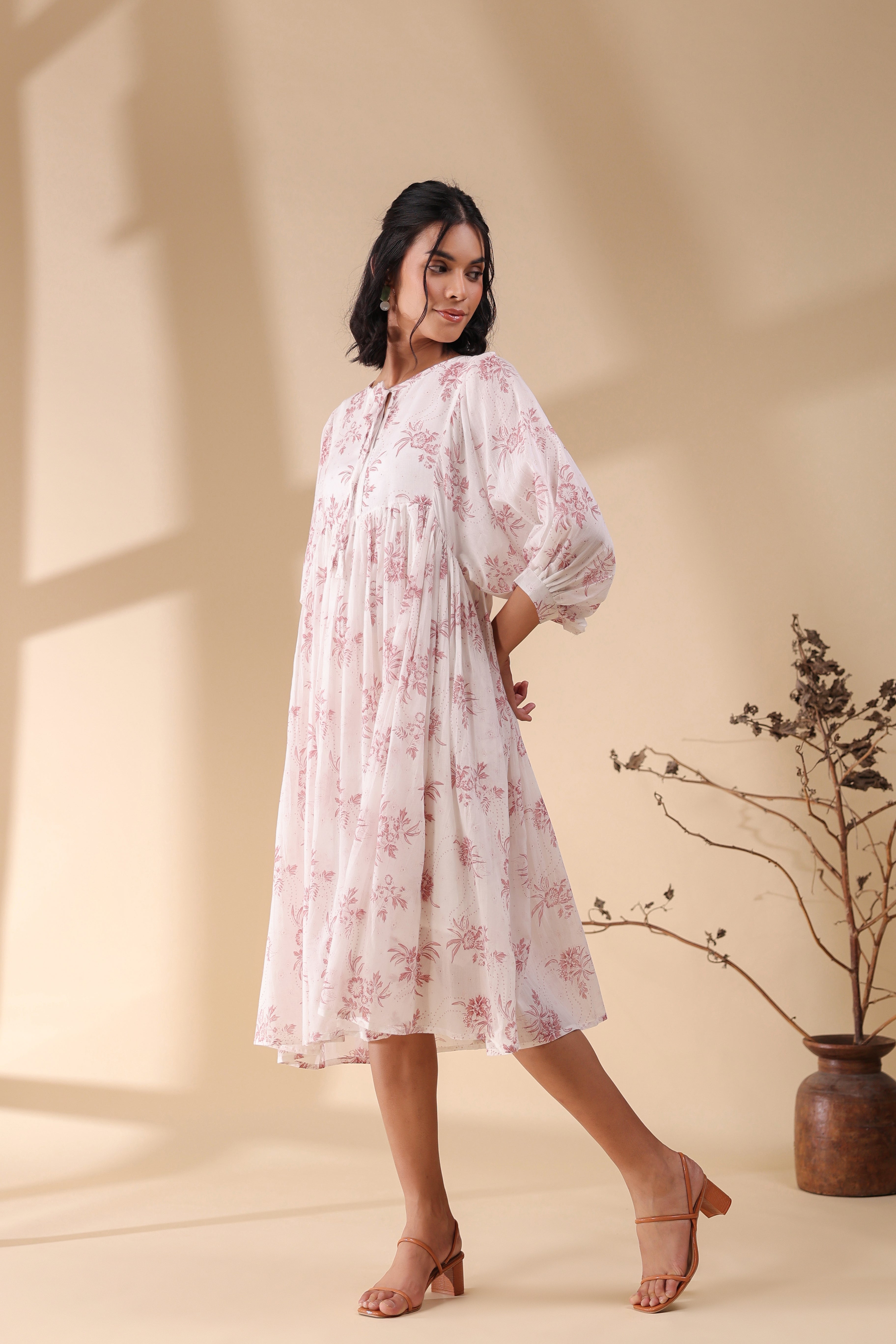 Women Pink Cotton Voile 80X72 Printed Dress