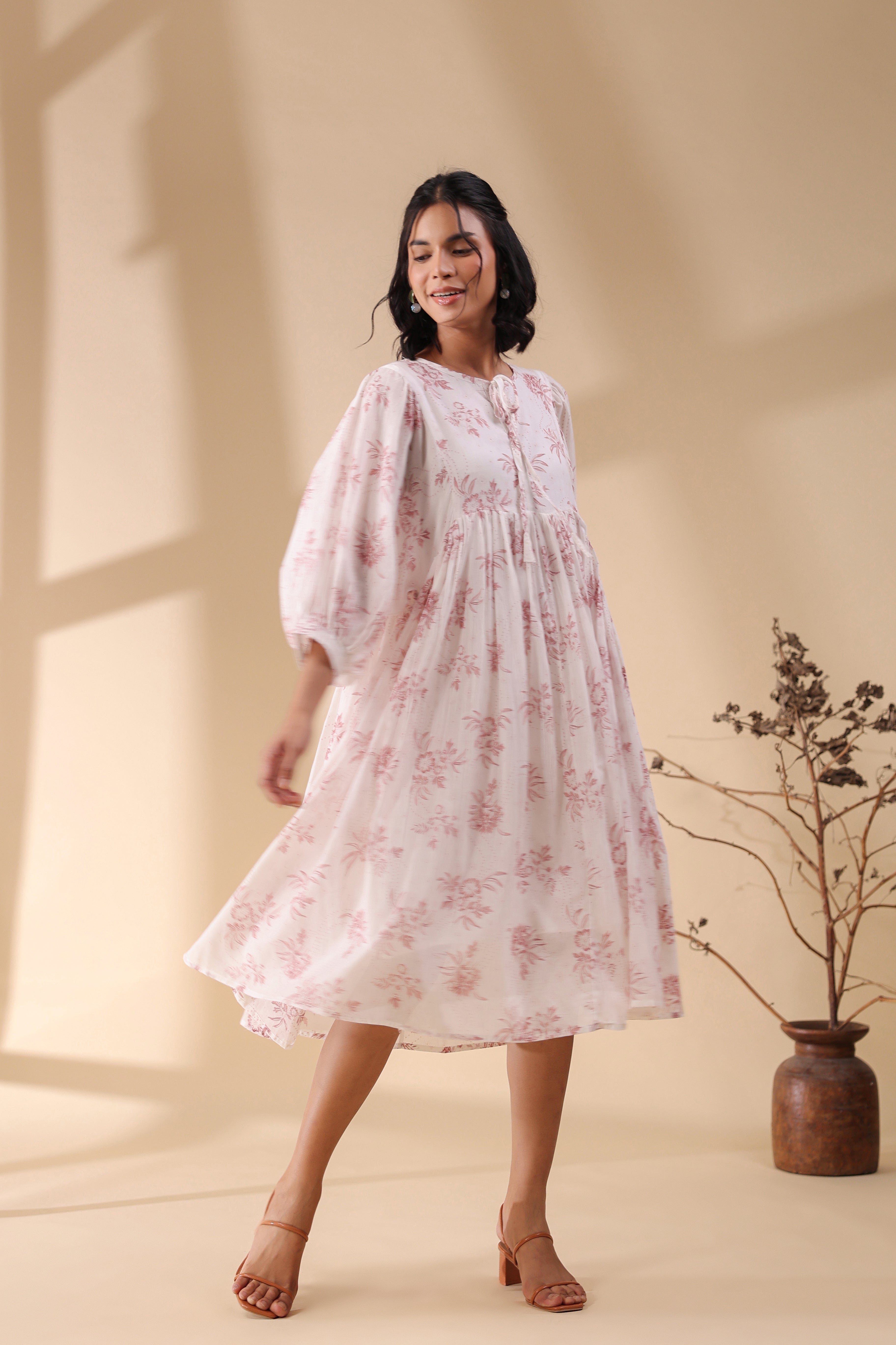 Women Pink Cotton Voile 80X72 Printed Dress