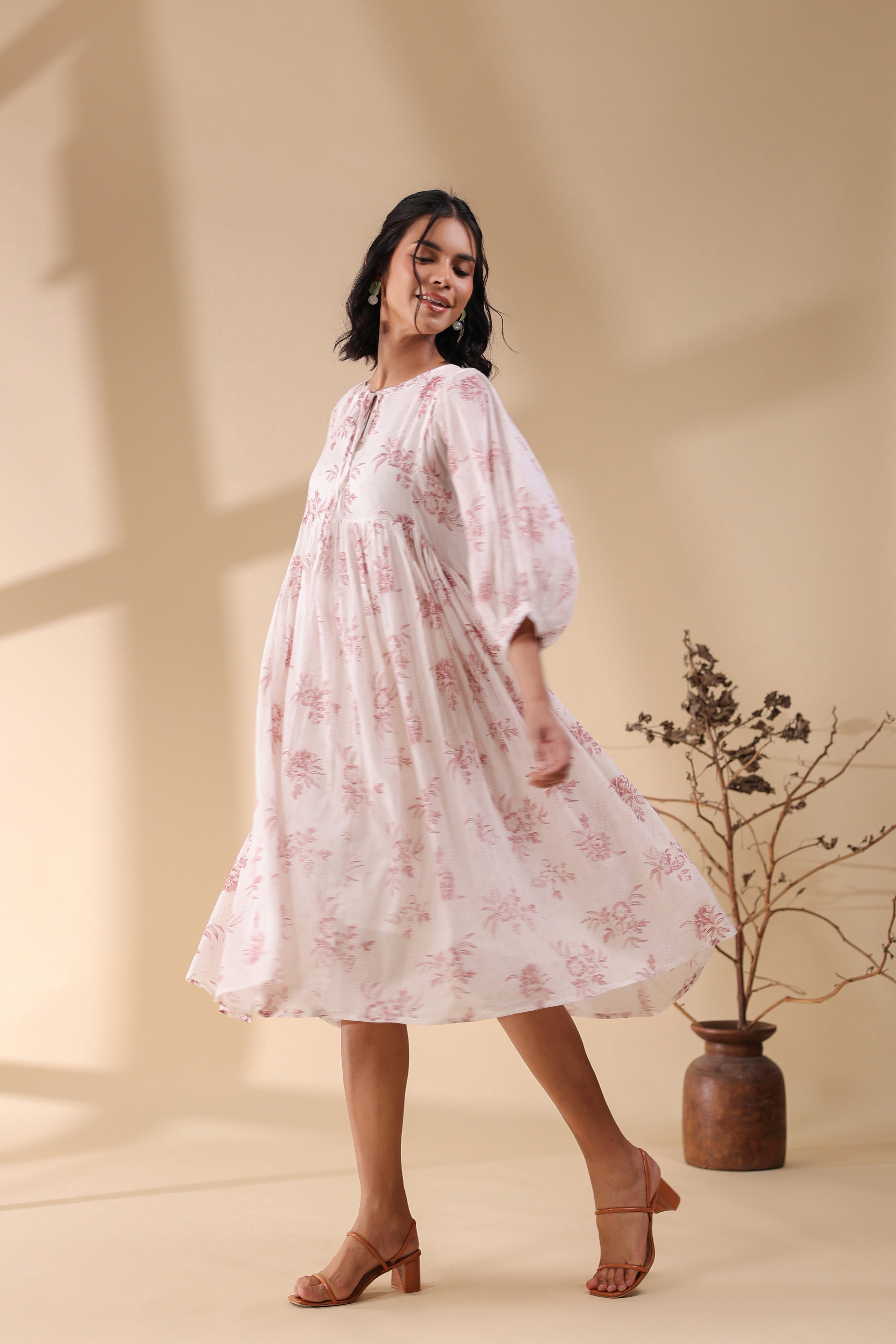 Women Pink Cotton Voile 80X72 Printed Dress