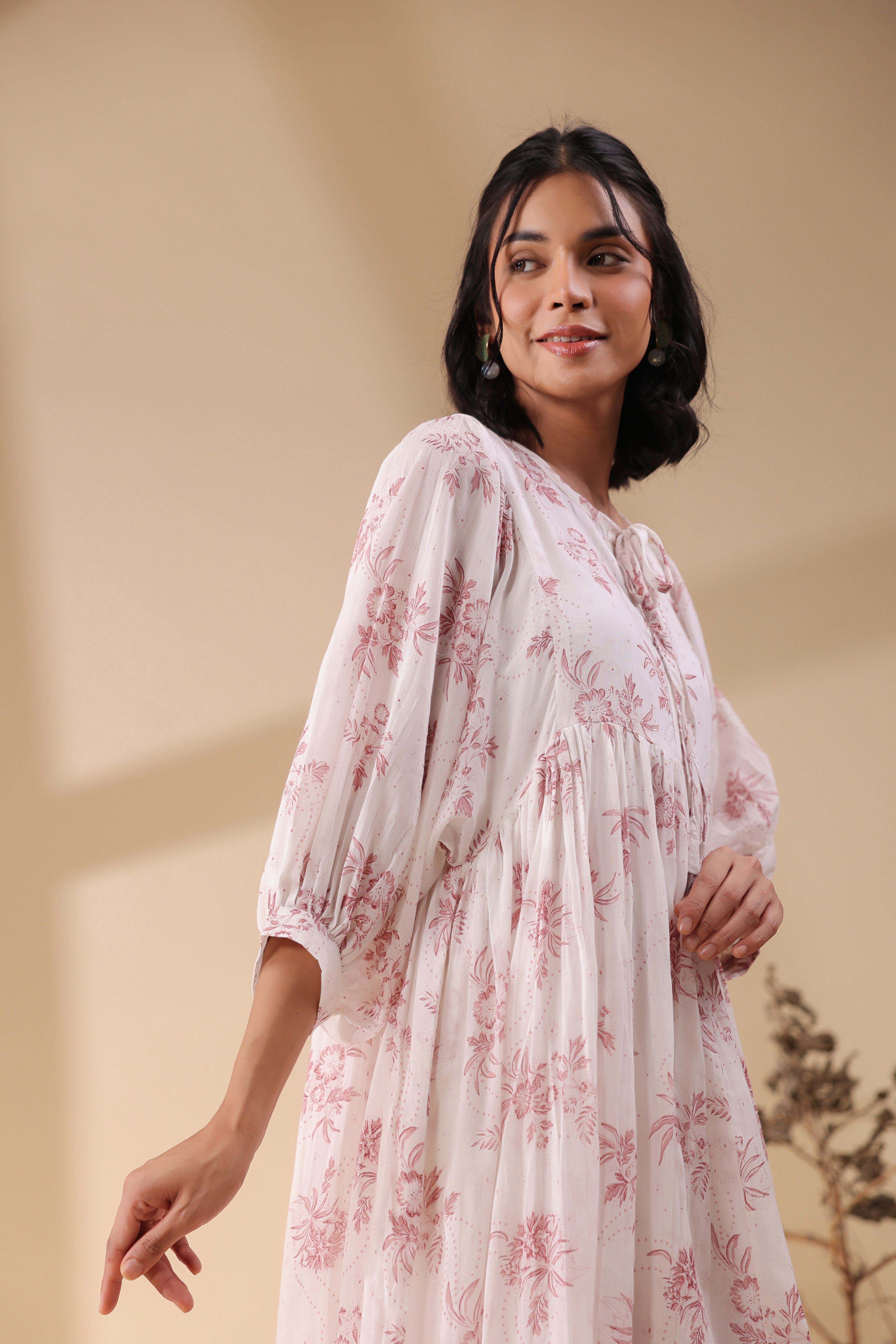 Women Pink Cotton Voile 80X72 Printed Dress