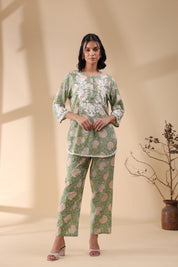 Women Dark  Green Viscose Cotton Printed & Embroidery Co-Ord Set