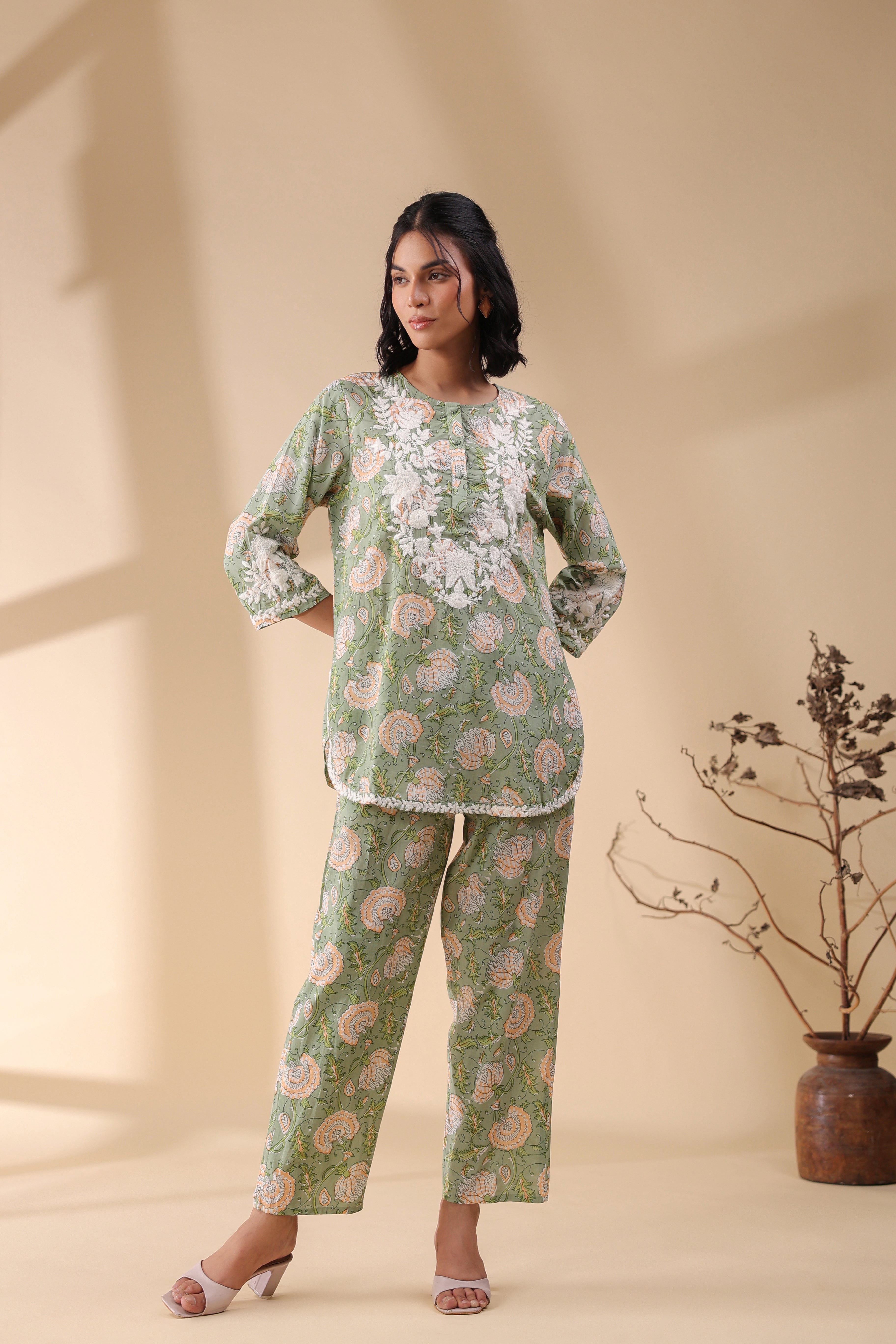 Women Dark  Green Viscose Cotton Printed & Embroidery Co-Ord Set