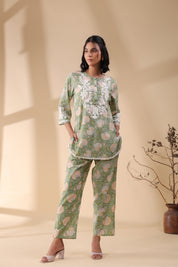 Women Dark  Green Viscose Cotton Printed & Embroidery Co-Ord Set