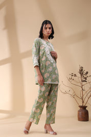 Women Dark  Green Viscose Cotton Printed & Embroidery Co-Ord Set