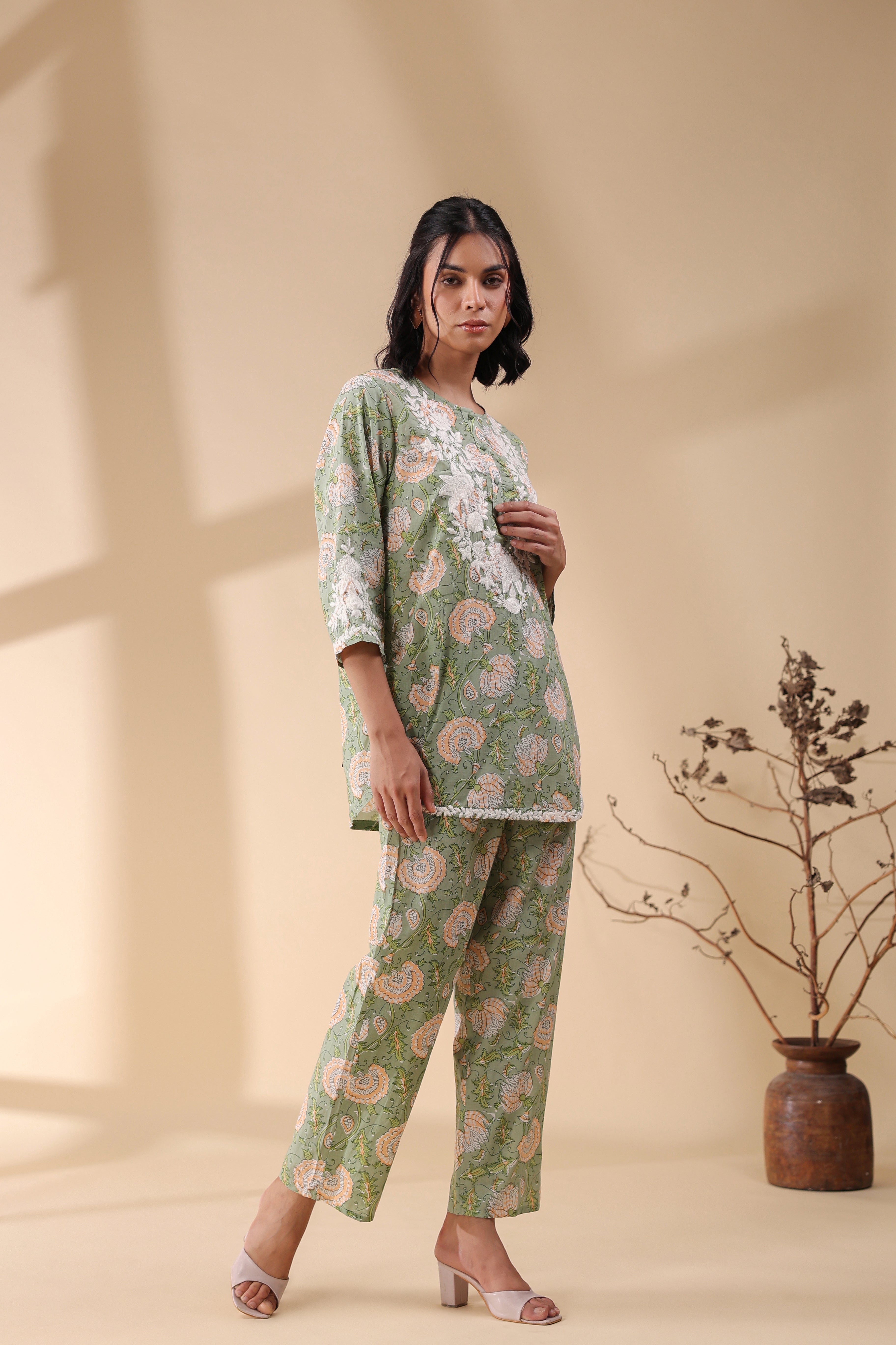 Women Dark  Green Viscose Cotton Printed & Embroidery Co-Ord Set