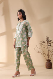 Women Dark  Green Viscose Cotton Printed & Embroidery Co-Ord Set