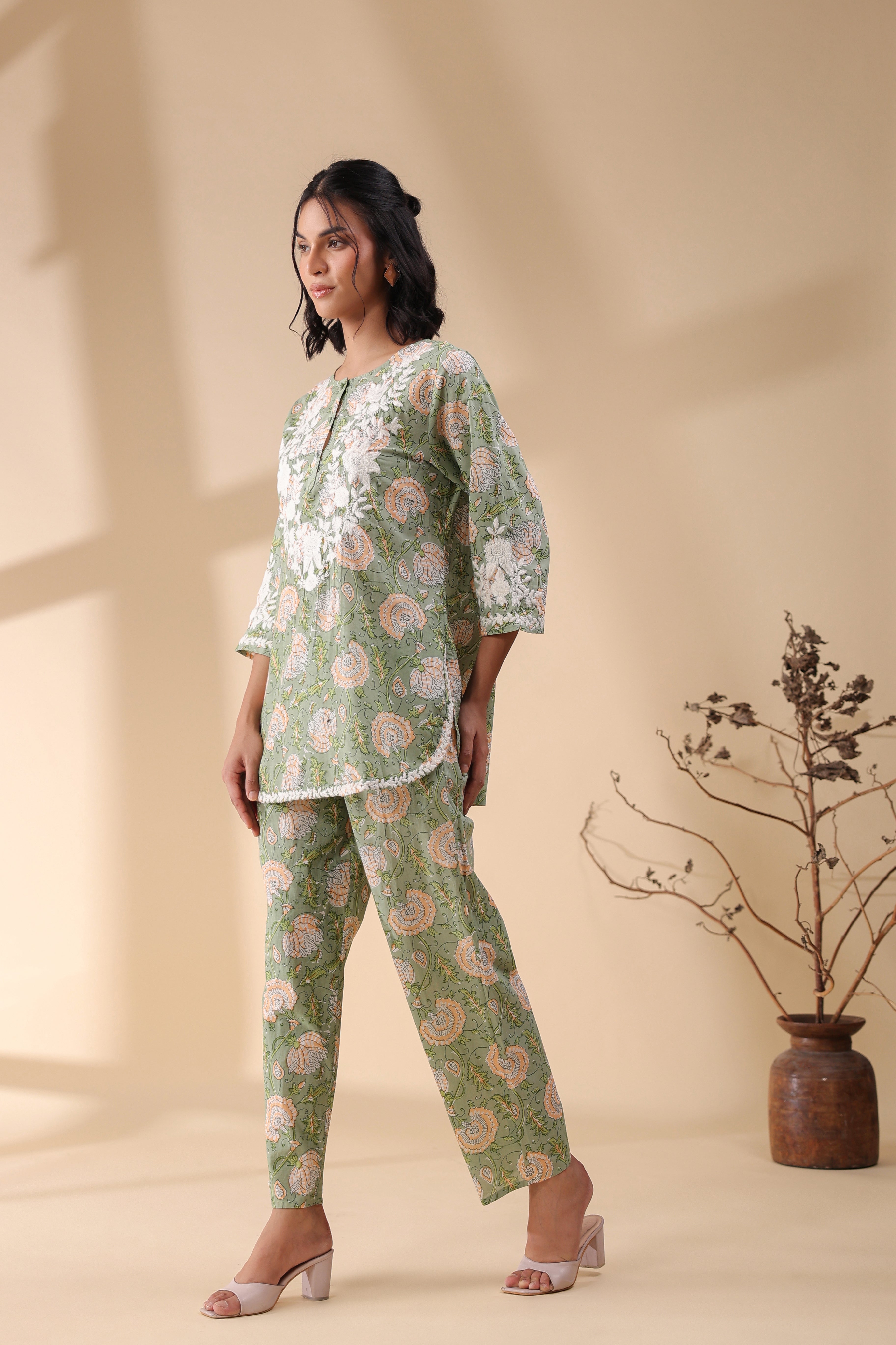 Women Dark  Green Viscose Cotton Printed & Embroidery Co-Ord Set