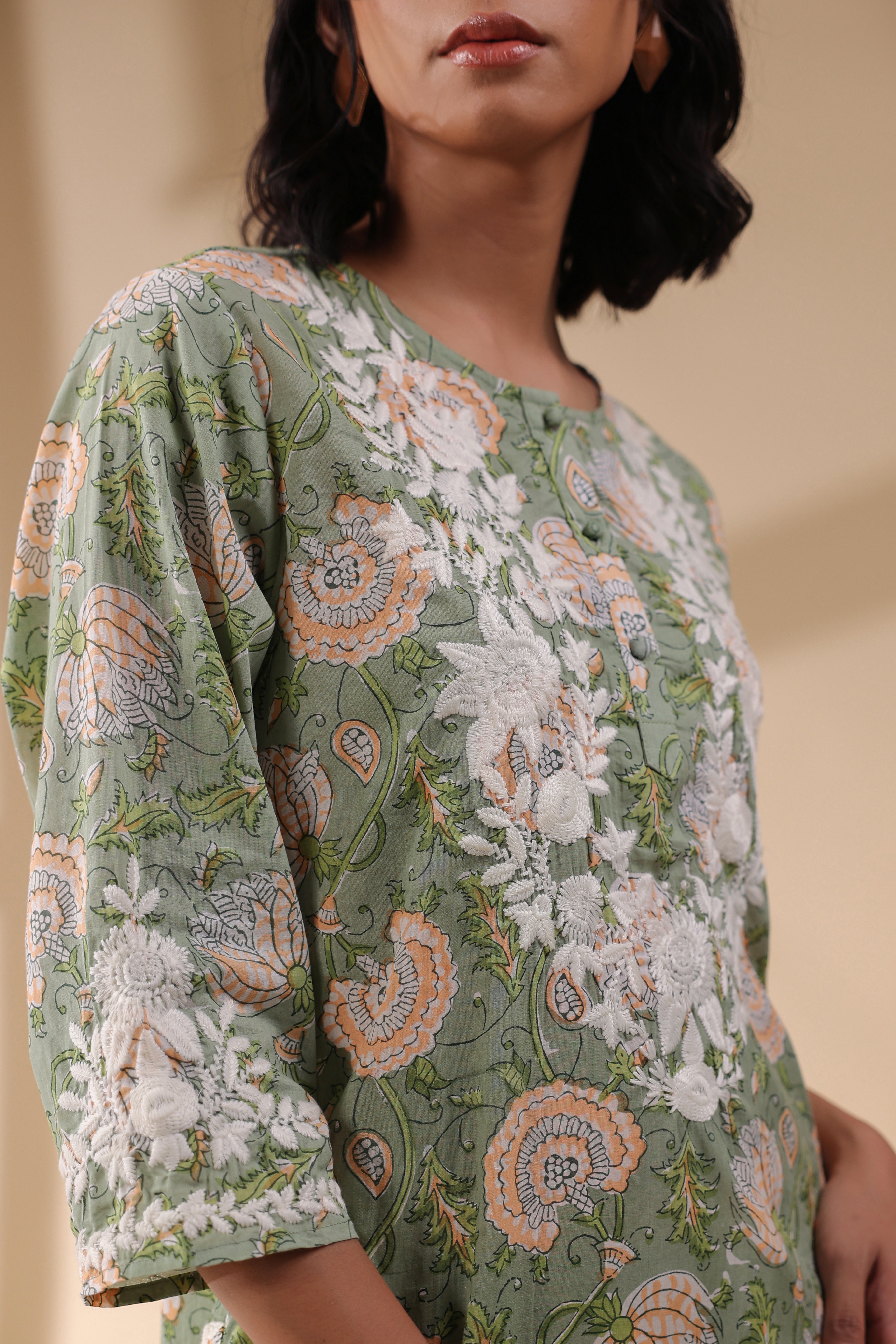 Women Dark  Green Viscose Cotton Printed & Embroidery Co-Ord Set