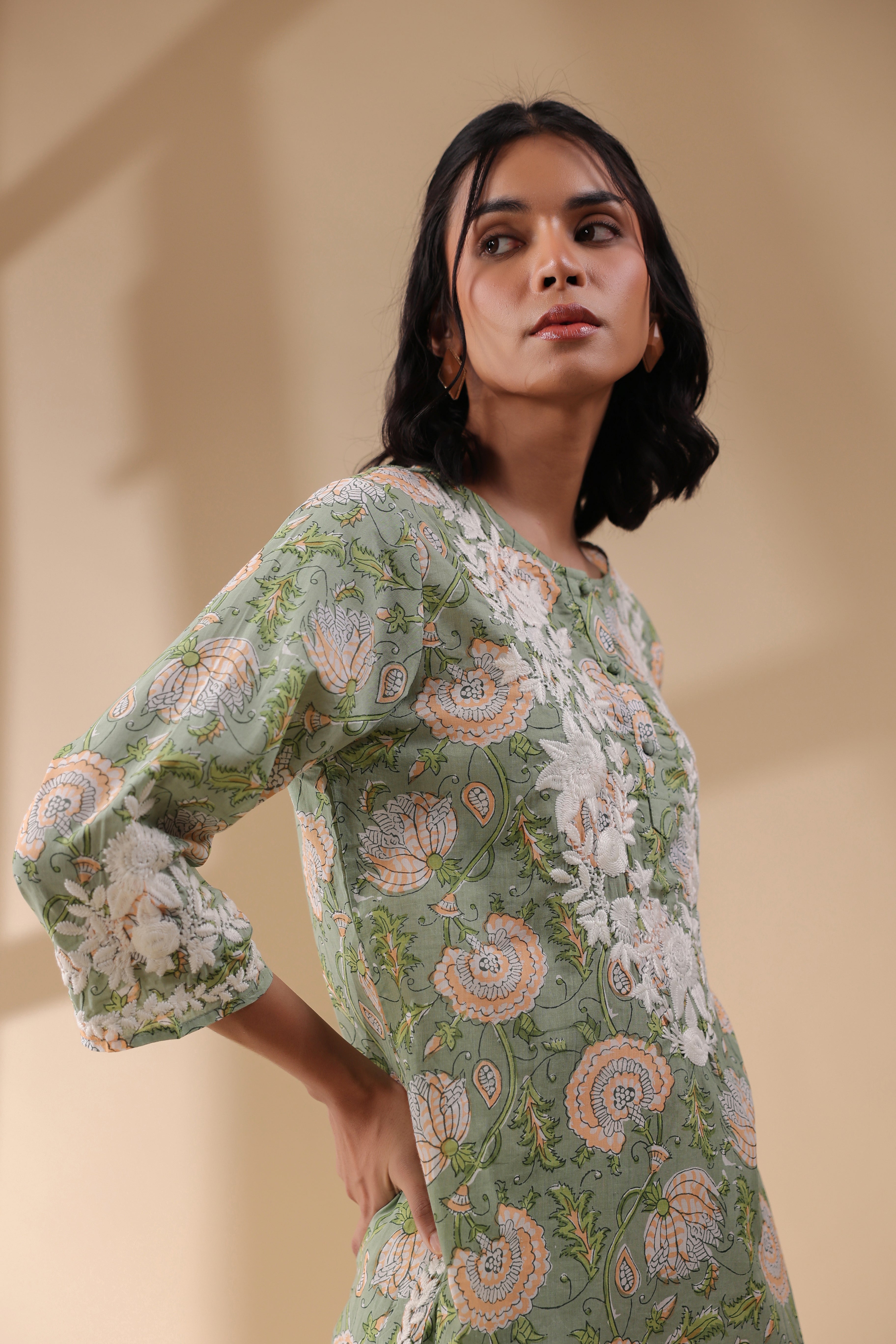 Women Dark  Green Viscose Cotton Printed & Embroidery Co-Ord Set