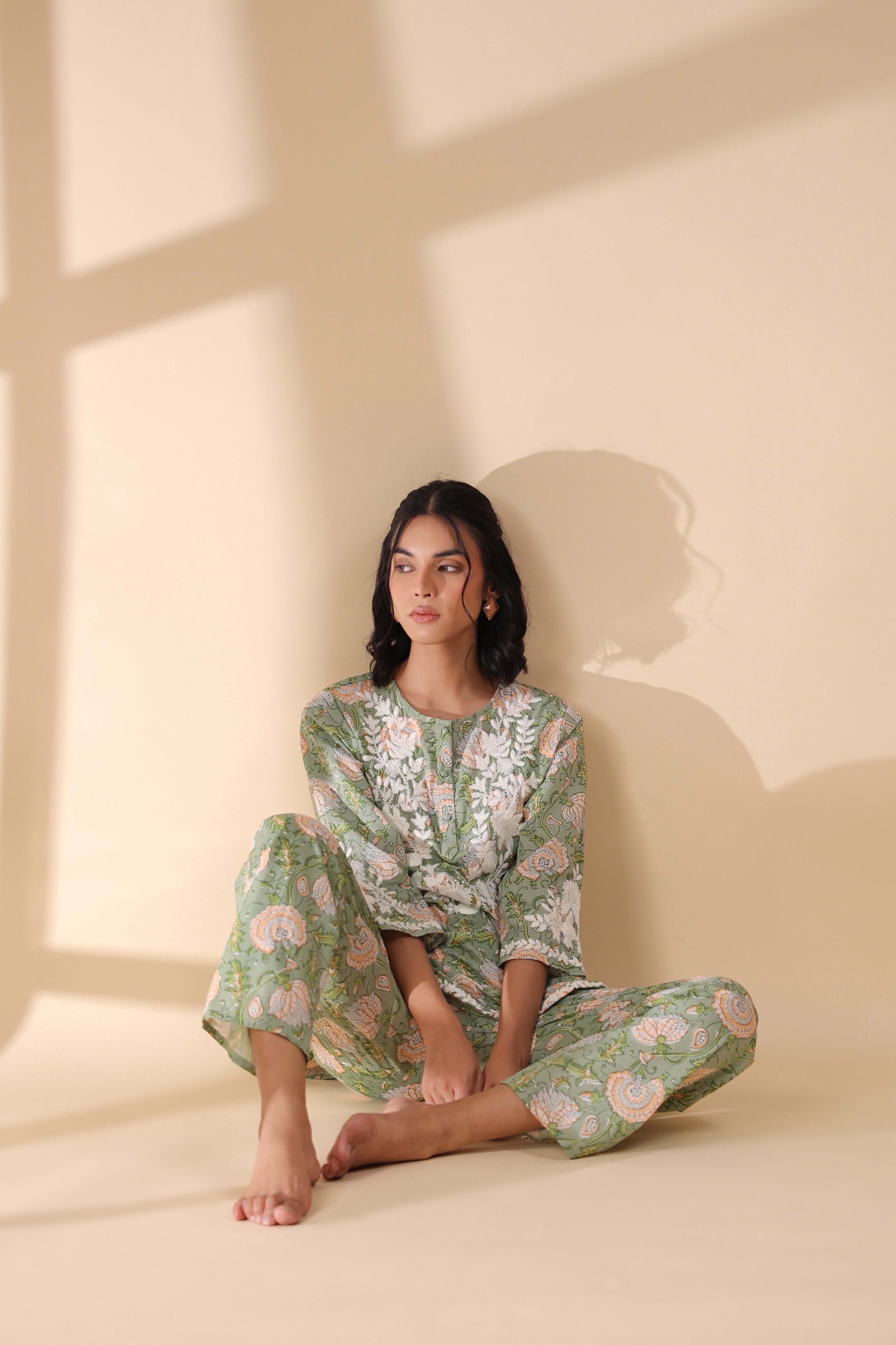 Women Dark  Green Viscose Cotton Printed & Embroidery Co-Ord Set