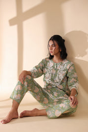 Women Dark  Green Viscose Cotton Printed & Embroidery Co-Ord Set