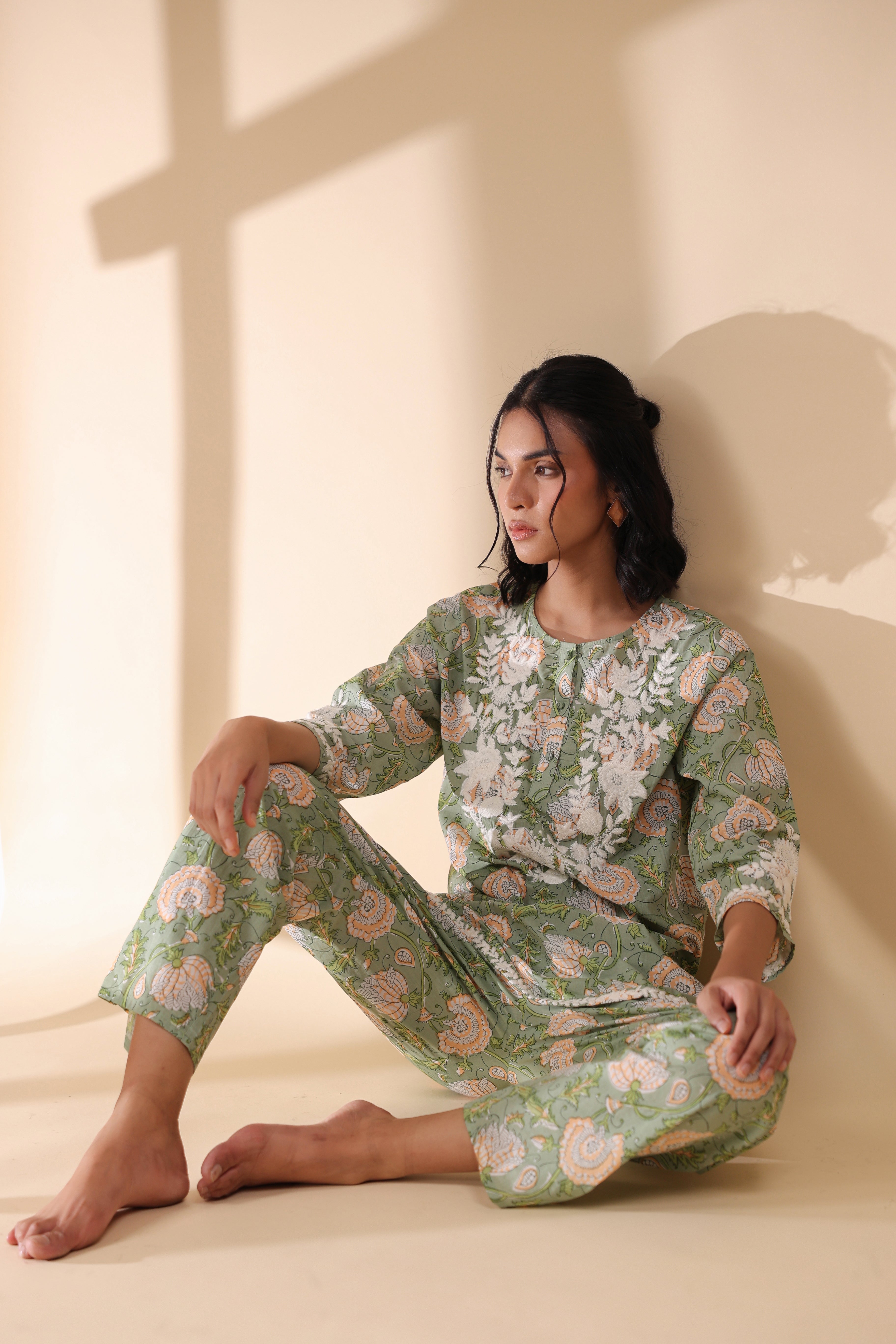 Women Dark  Green Viscose Cotton Printed & Embroidery Co-Ord Set