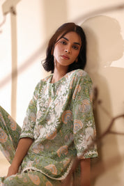 Women Dark  Green Viscose Cotton Printed & Embroidery Co-Ord Set