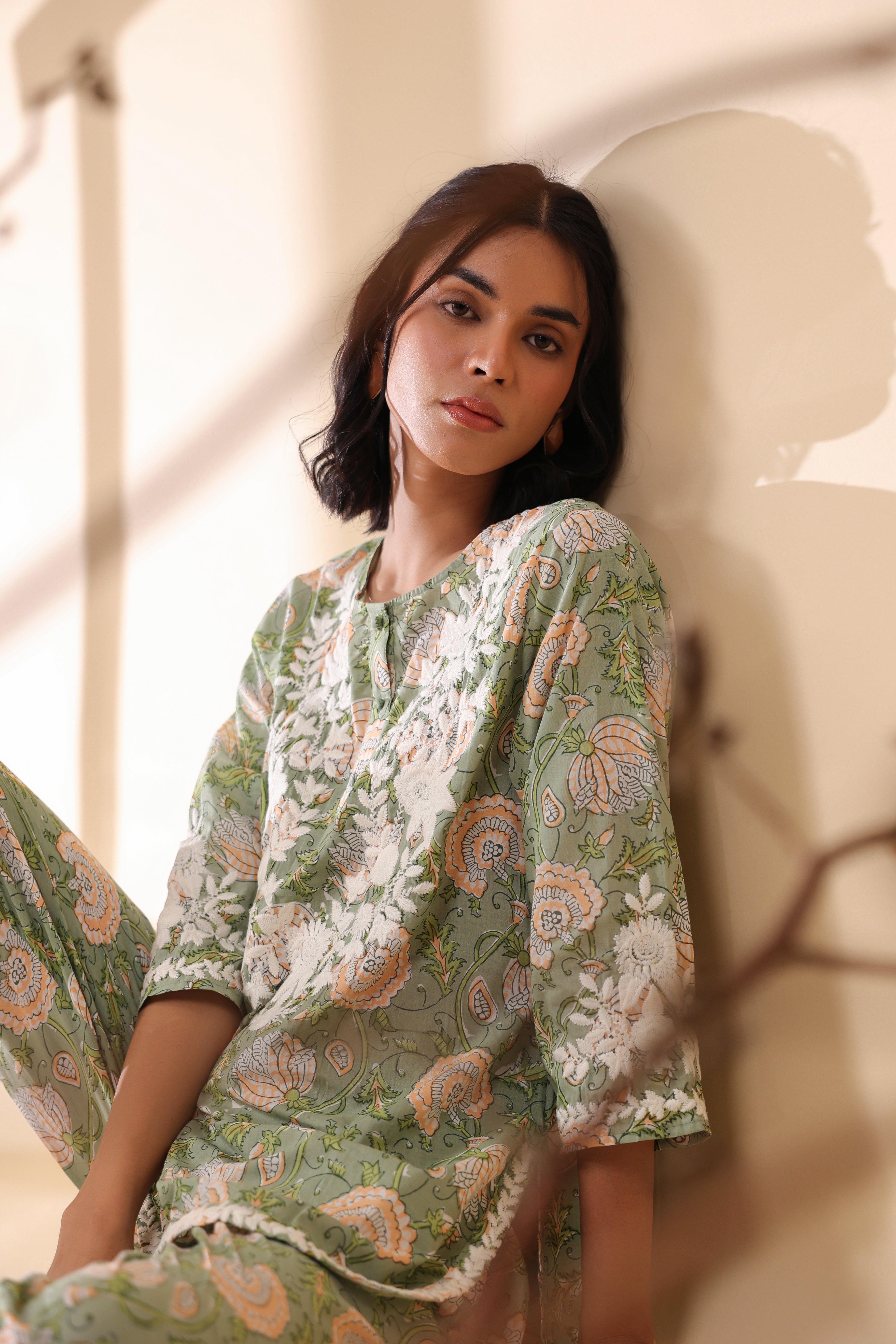 Women Dark  Green Viscose Cotton Printed & Embroidery Co-Ord Set