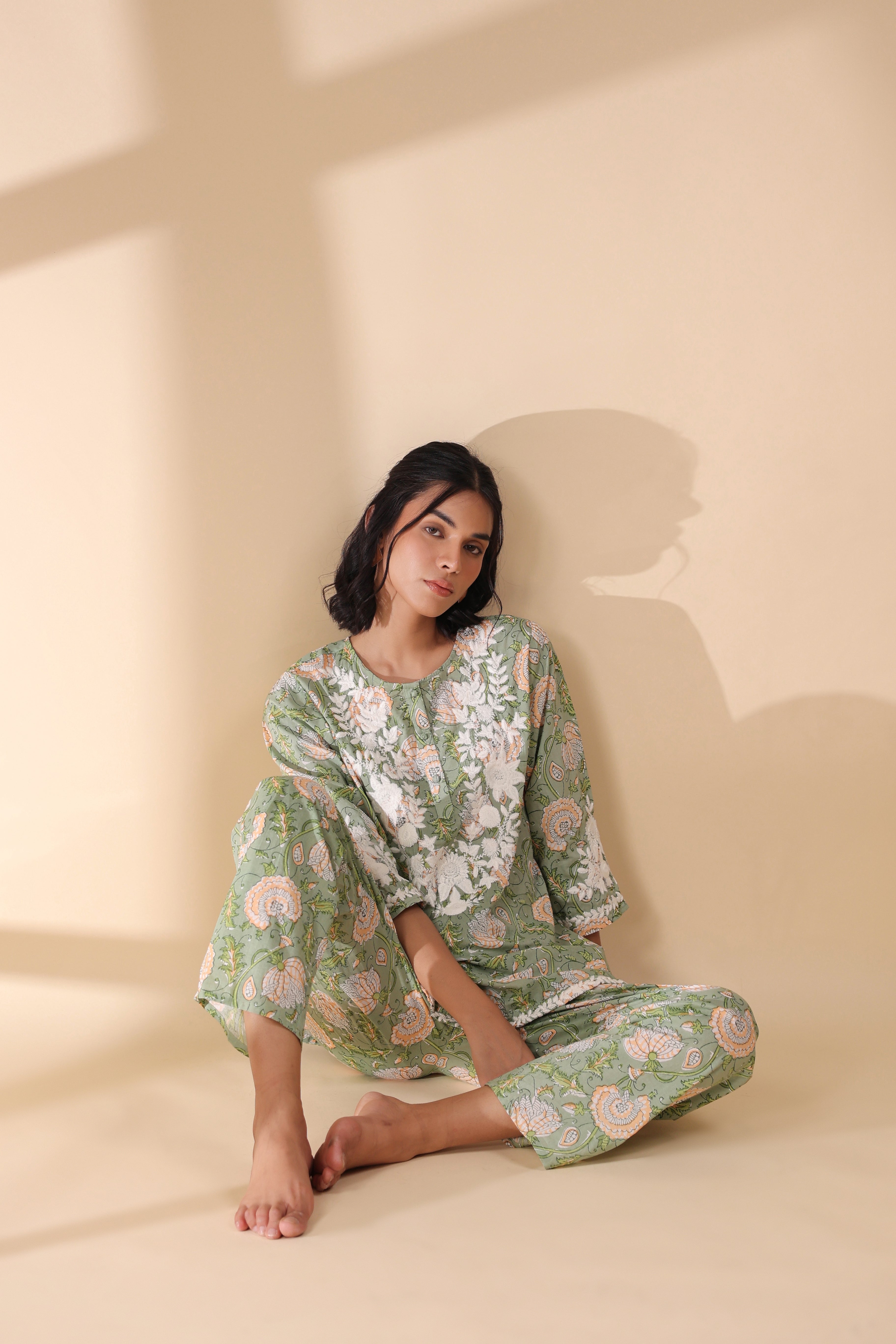 Women Dark  Green Viscose Cotton Printed & Embroidery Co-Ord Set
