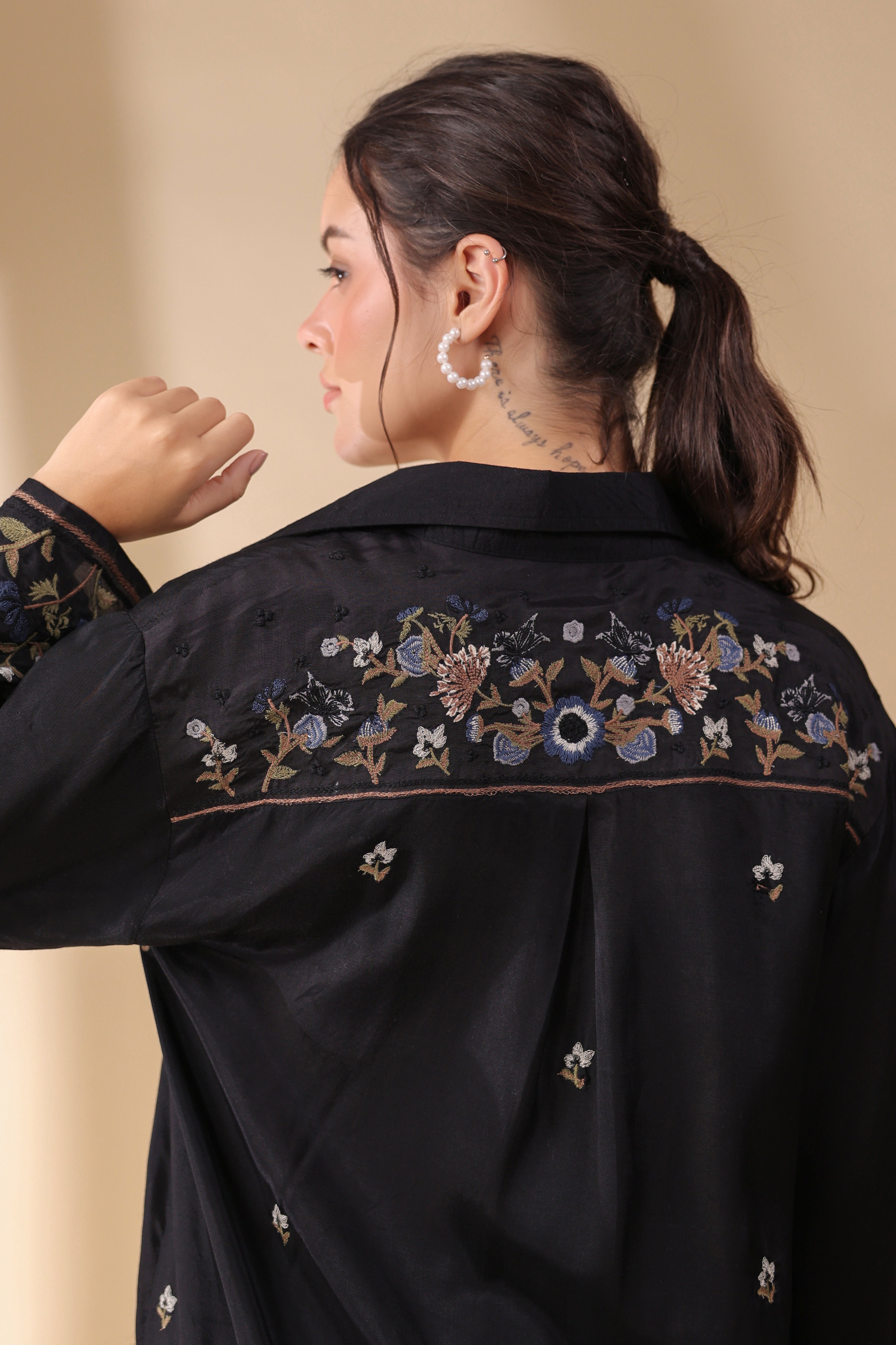 Women Black  Polyester Fabric Embroidery Shirt