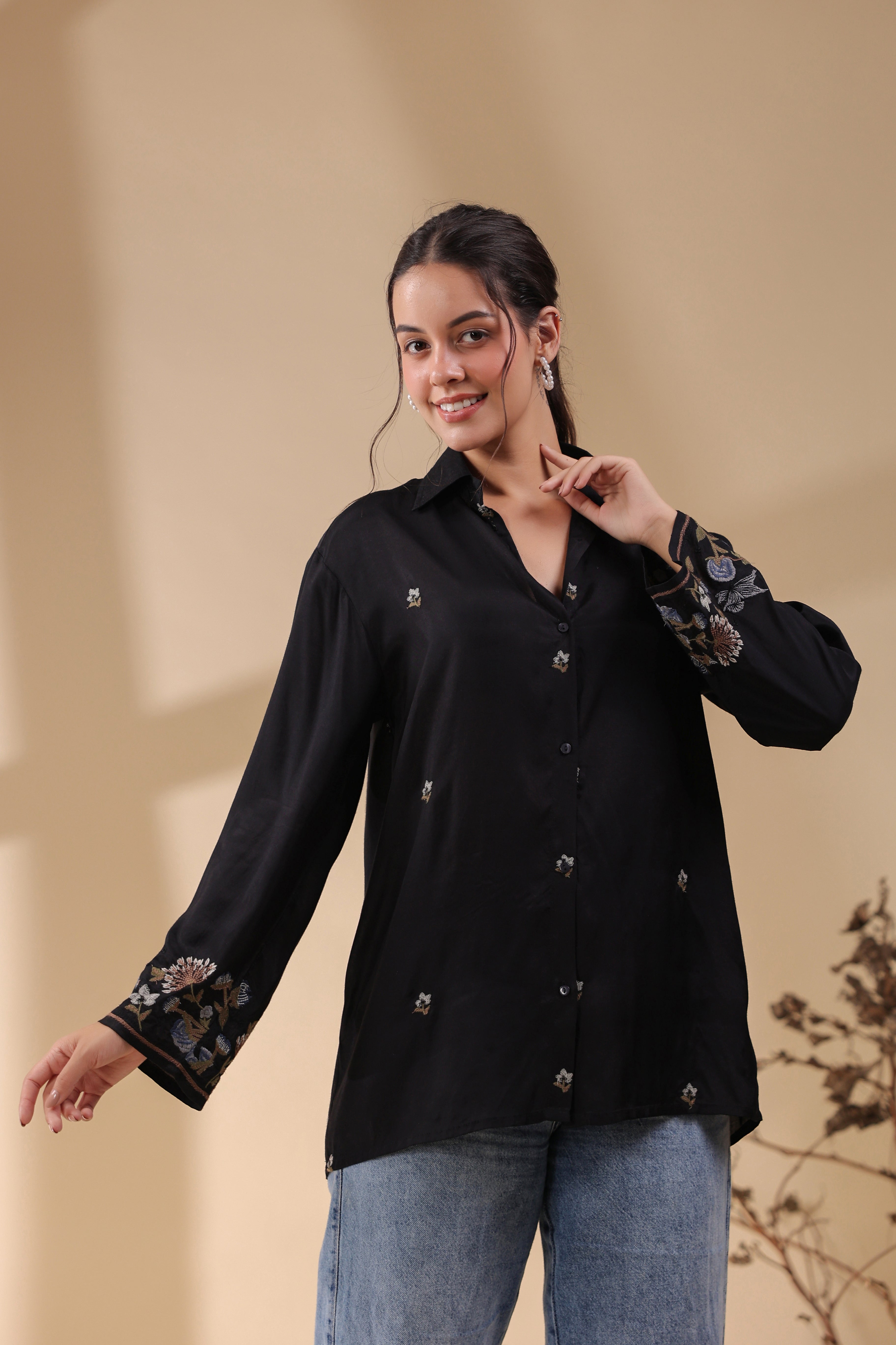 Women Black  Polyester Fabric Embroidery Shirt