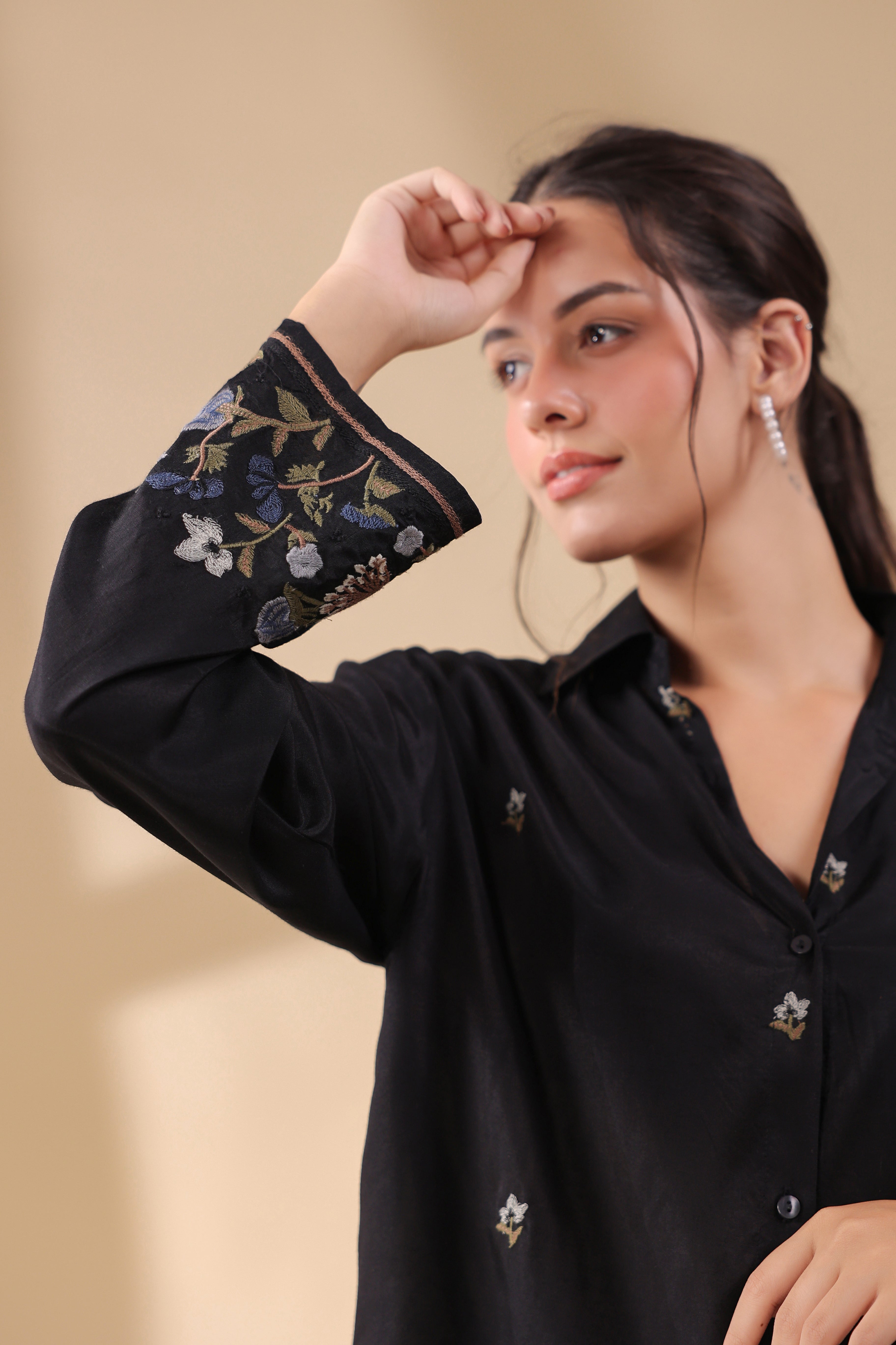 Women Black  Polyester Fabric Embroidery Shirt