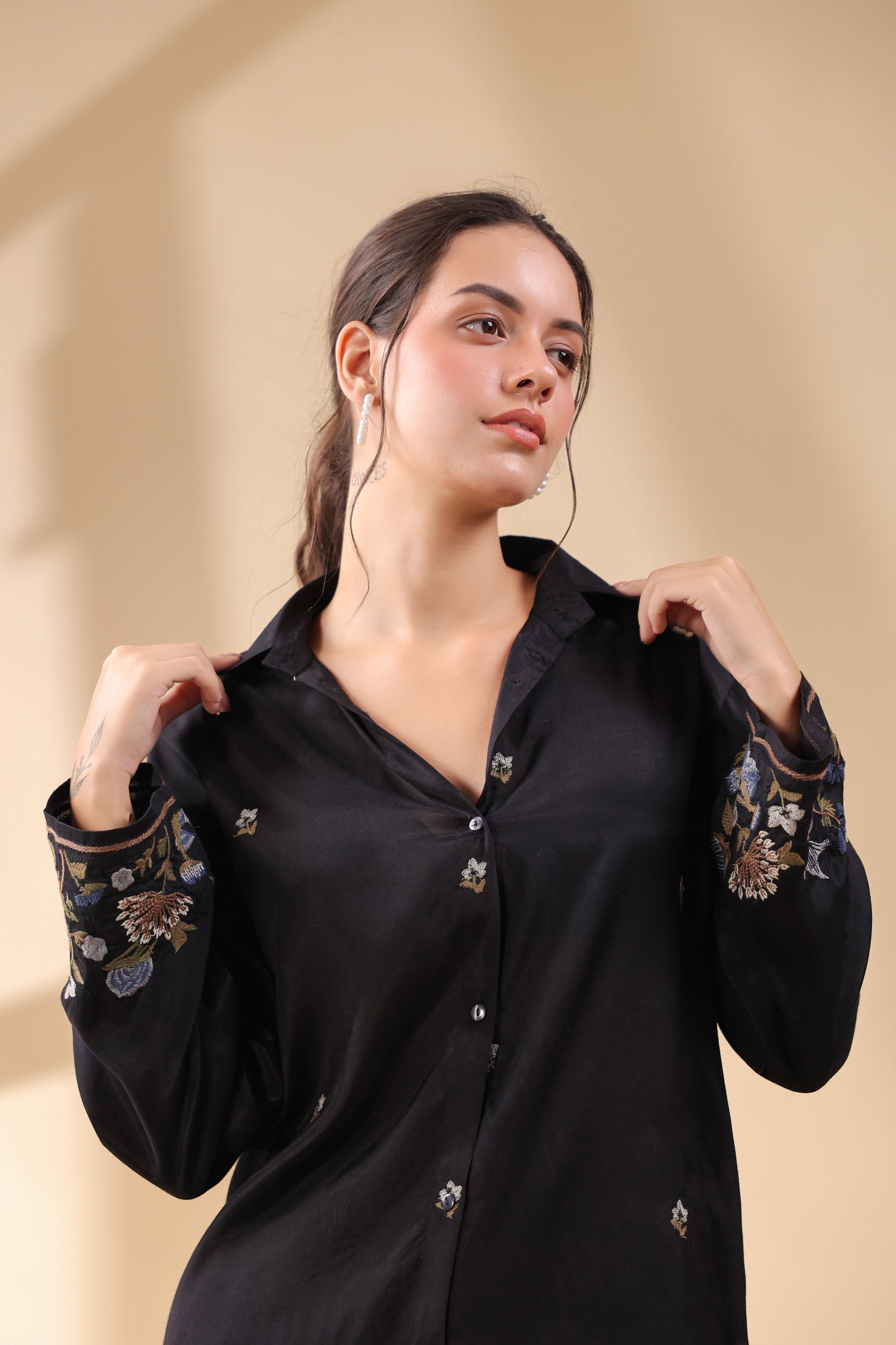 Women Black  Polyester Fabric Embroidery Shirt