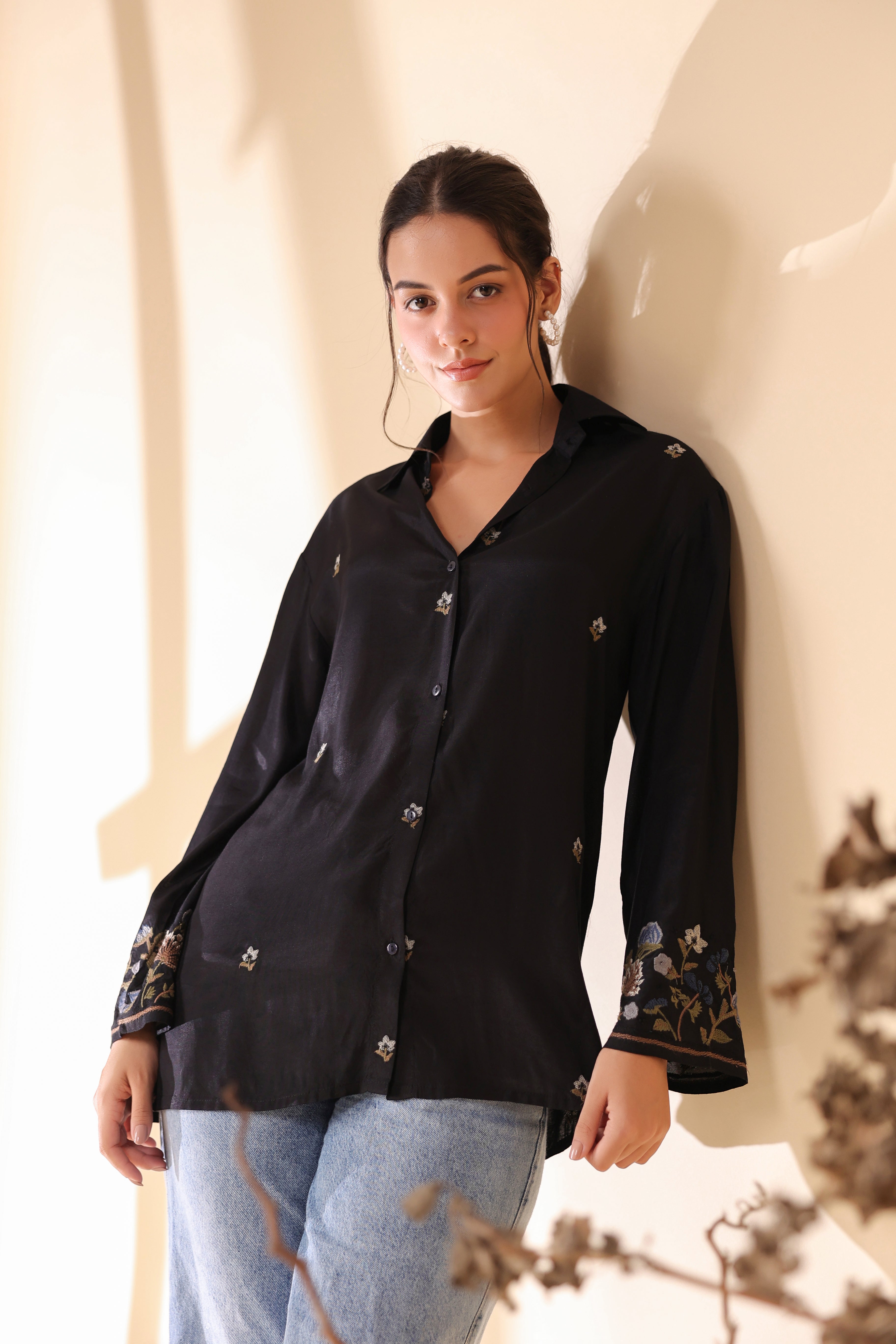 Women Black  Polyester Fabric Embroidery Shirt