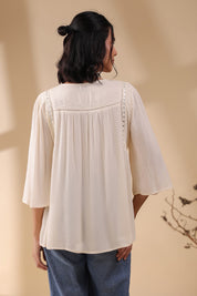 Women Rayon Crepe Beige Mirror Work Embroidered Peplum Top