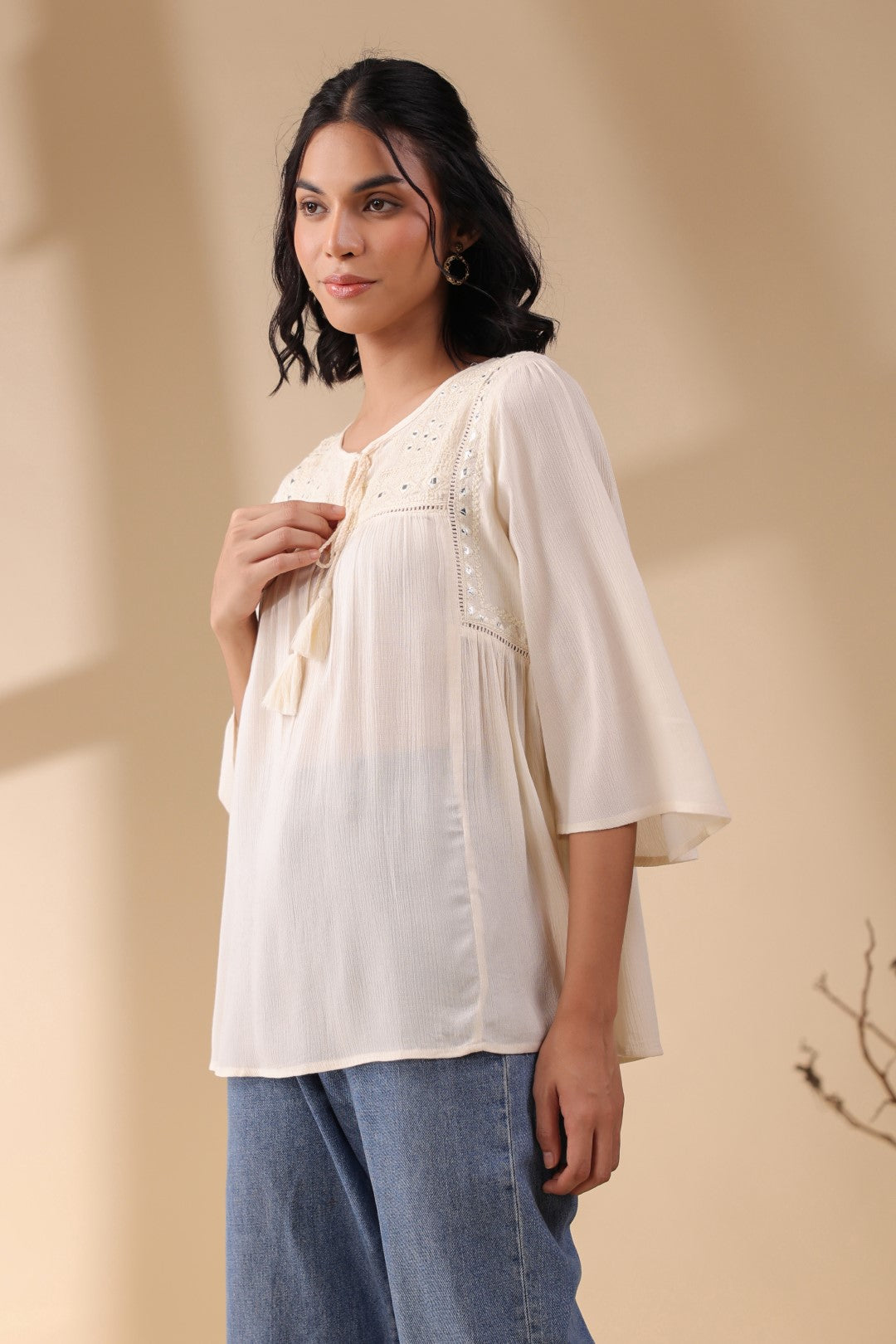 Women Rayon Crepe Beige Mirror Work Embroidered Peplum Top