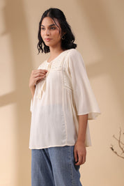 Women Rayon Crepe Beige Mirror Work Embroidered Peplum Top