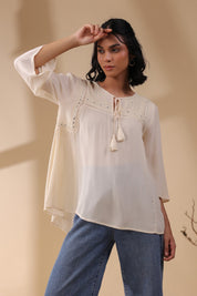 Women Rayon Crepe Beige Mirror Work Embroidered Peplum Top