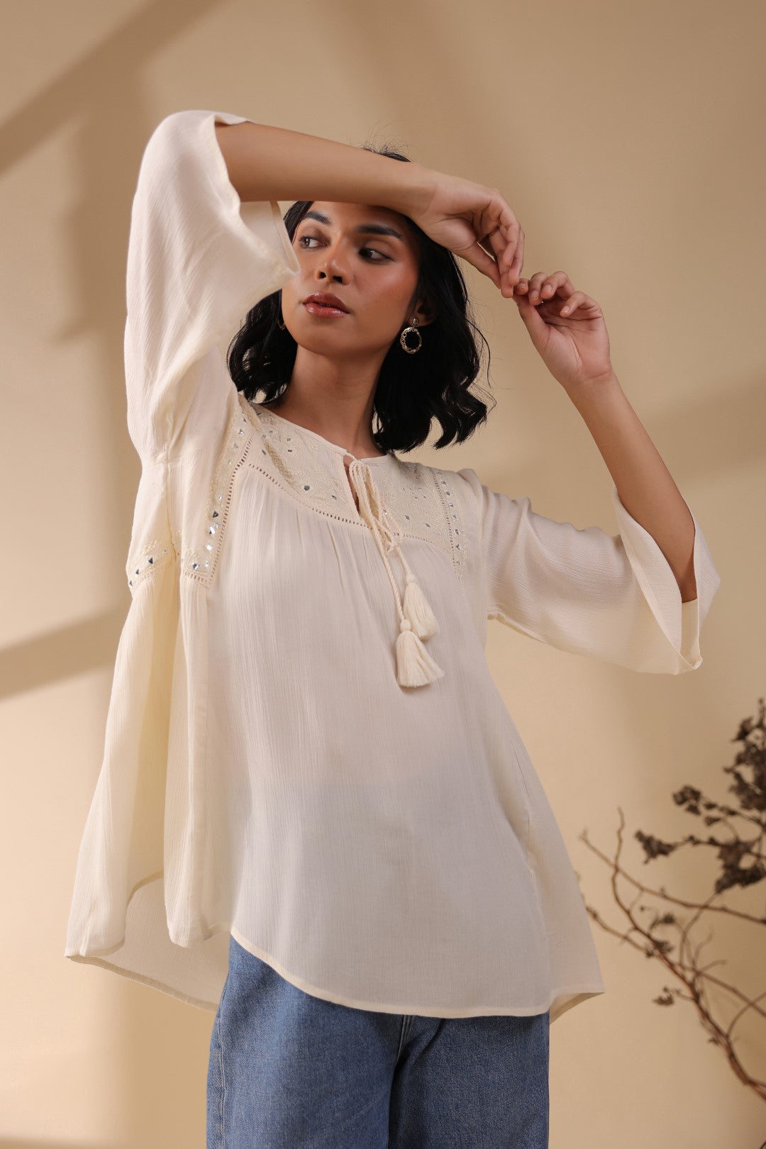 Women Rayon Crepe Beige Mirror Work Embroidered Peplum Top