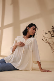 Women Rayon Crepe Beige Mirror Work Embroidered Peplum Top