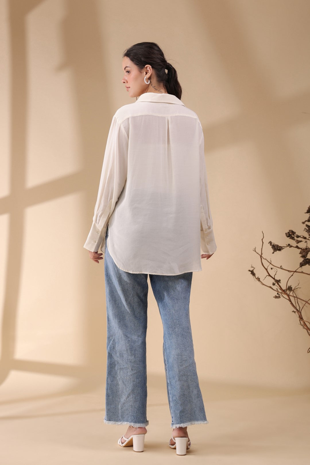 Women White Viscose 60's Modal Shirt with Beads Work