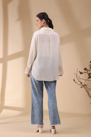 Women White Viscose 60's Modal Shirt with Beads Work