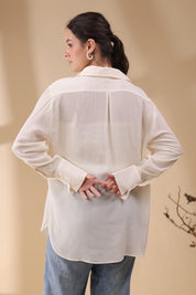 Women White Viscose 60's Modal Shirt with Beads Work