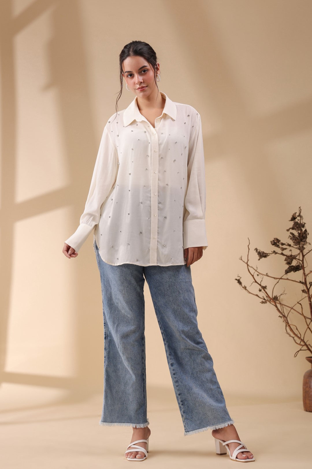 Women White Viscose 60's Modal Shirt with Beads Work