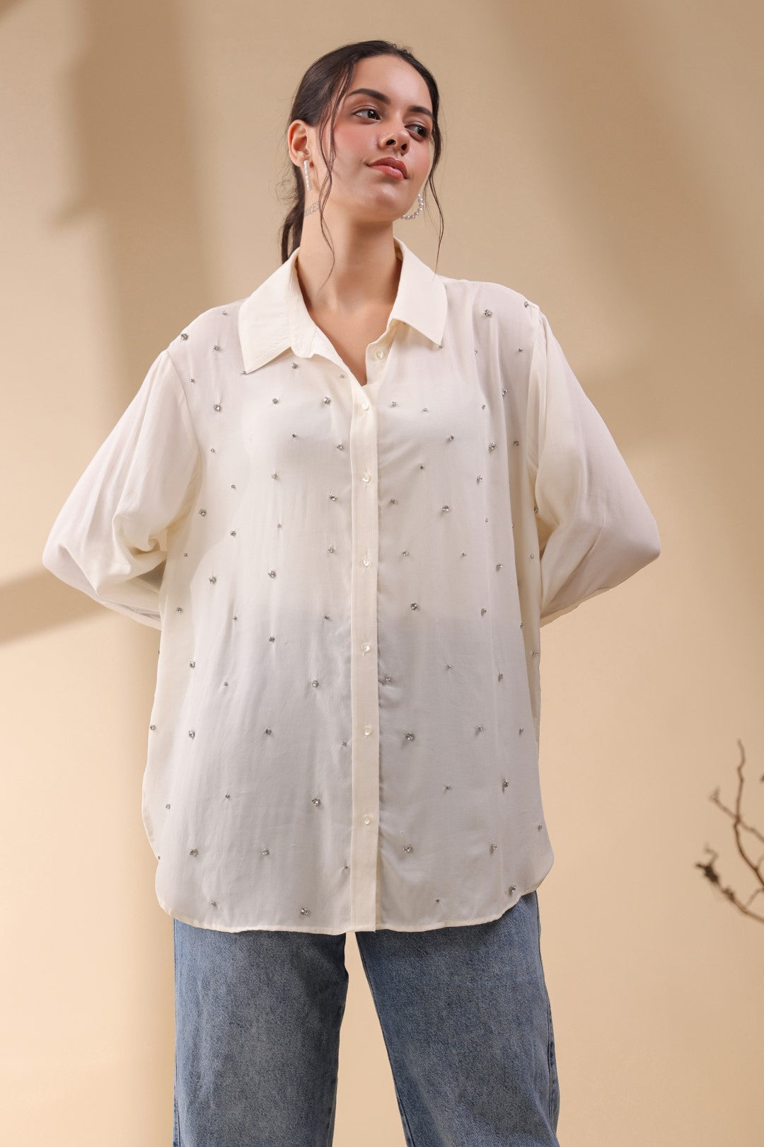 Women White Viscose 60's Modal Shirt with Beads Work