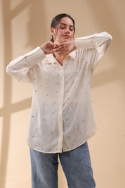 Women White Viscose 60's Modal Shirt with Beads Work