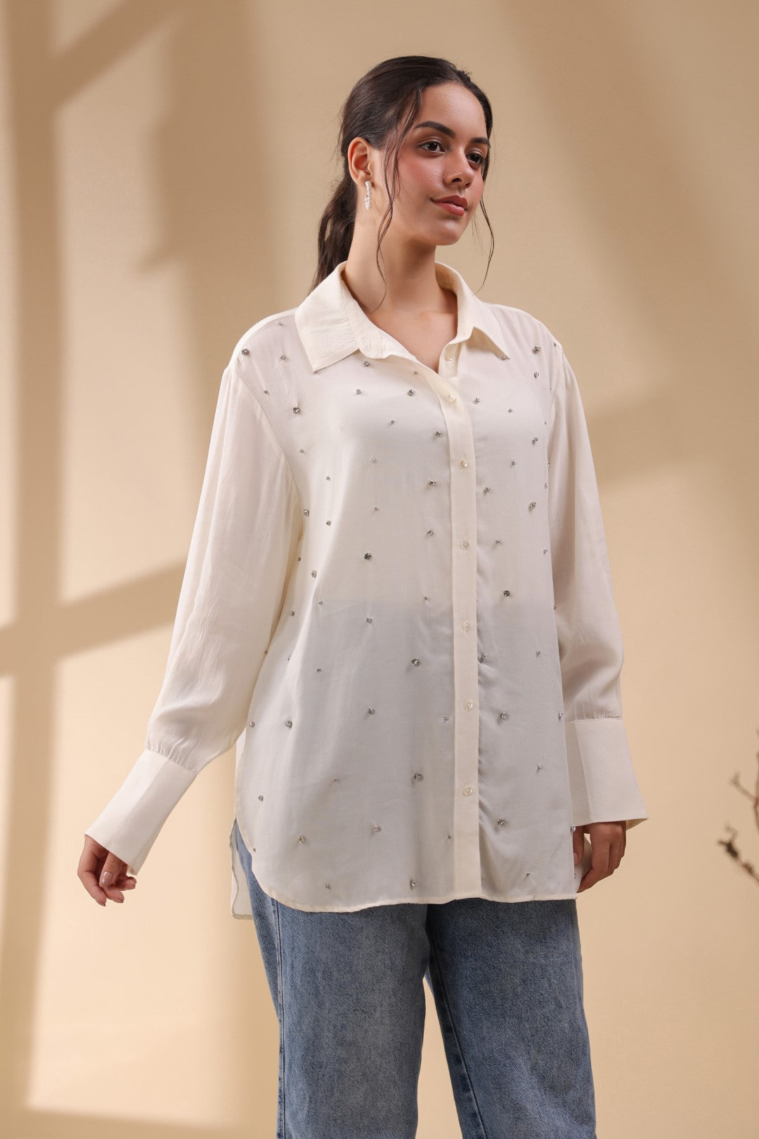 Women White Viscose 60's Modal Shirt with Beads Work