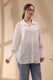 Women White Viscose 60's Modal Shirt with Beads Work
