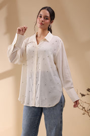 Women White Viscose 60's Modal Shirt with Beads Work