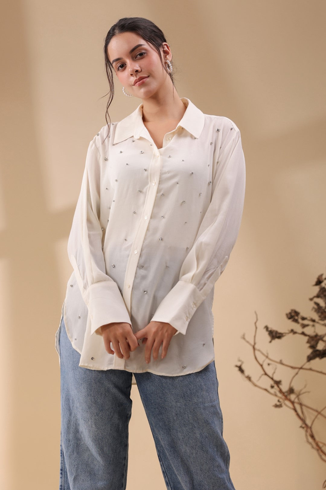 Women White Viscose 60's Modal Shirt with Beads Work