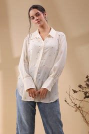 Women White Viscose 60's Modal Shirt with Beads Work