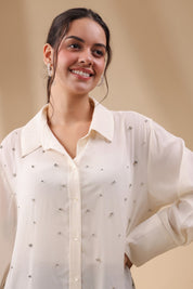 Women White Viscose 60's Modal Shirt with Beads Work