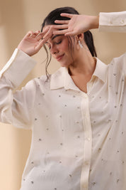 Women White Viscose 60's Modal Shirt with Beads Work