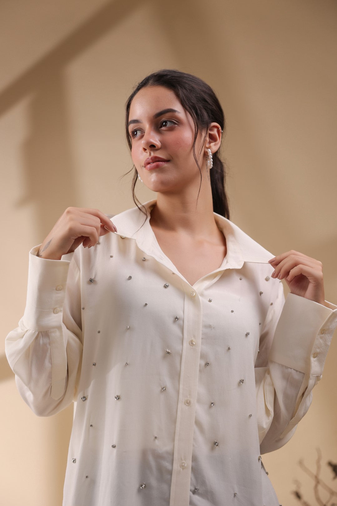 Women White Viscose 60's Modal Shirt with Beads Work