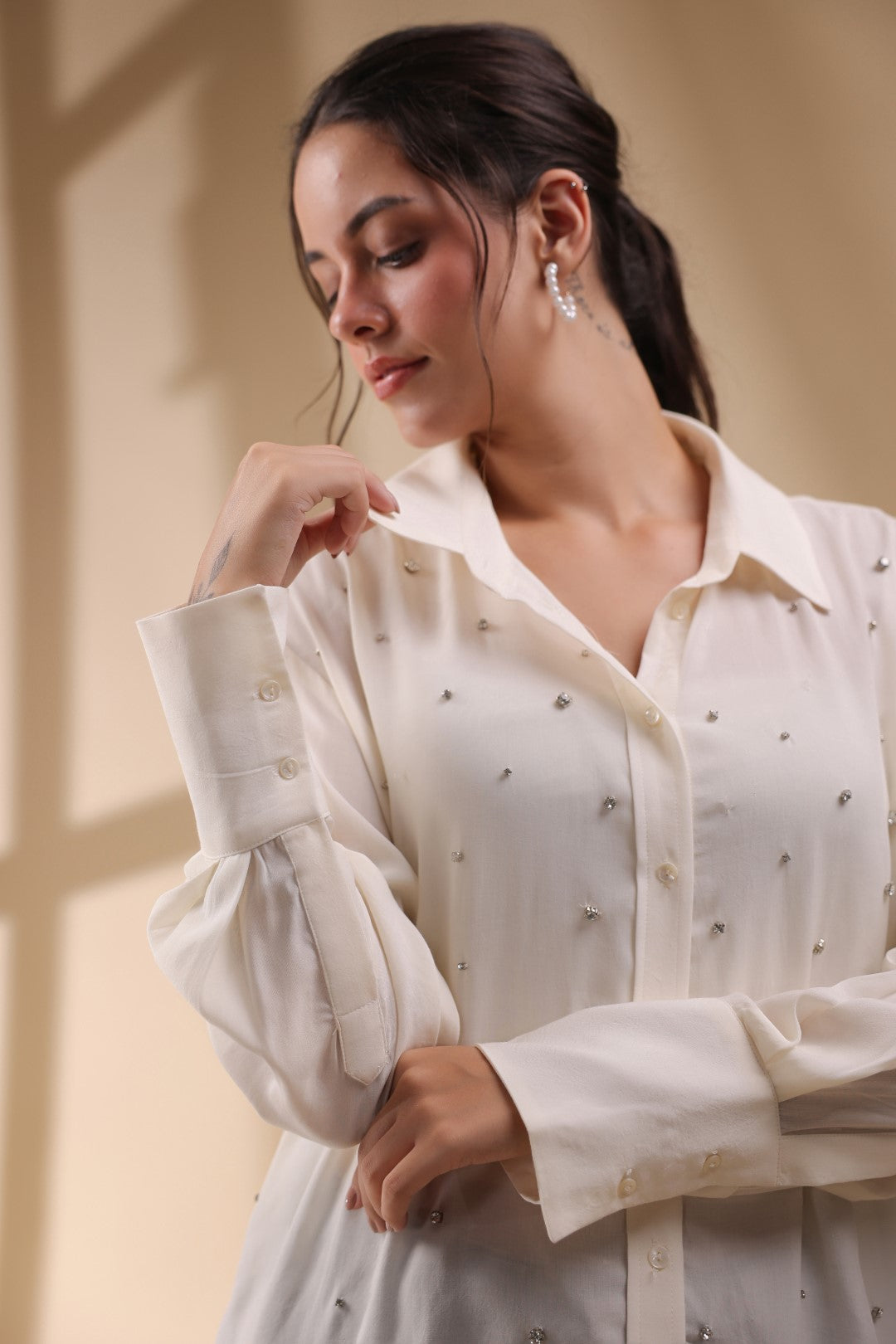 Women White Viscose 60's Modal Shirt with Beads Work