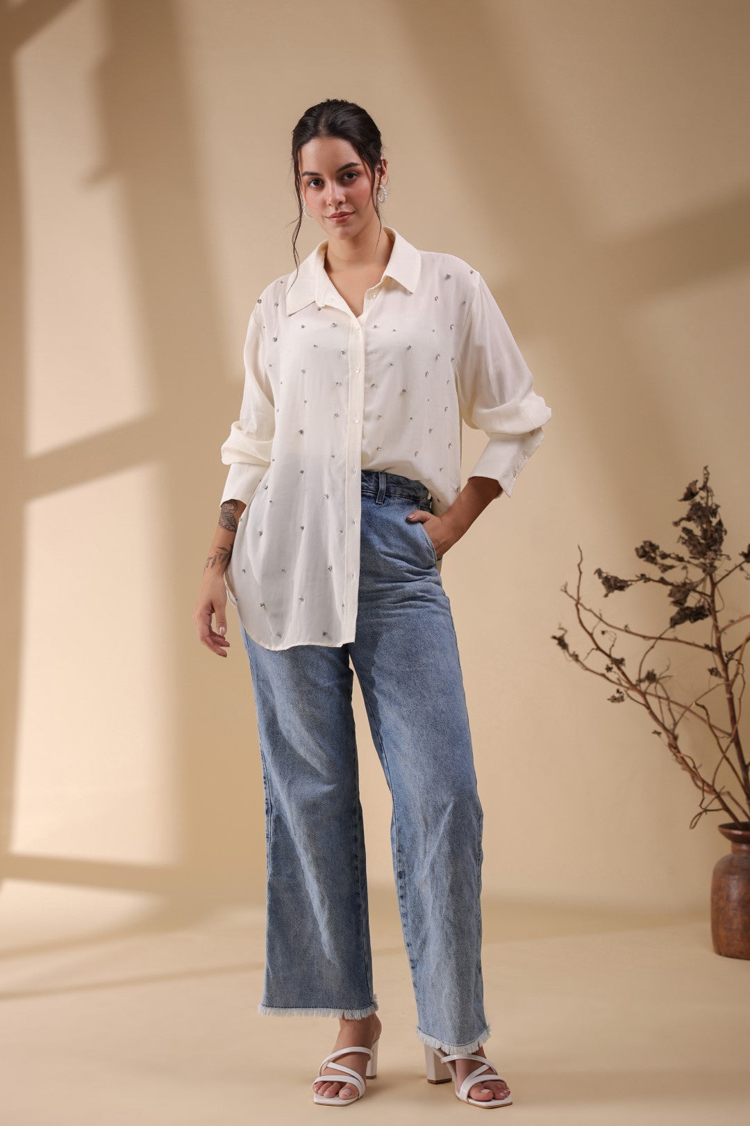 Women White Viscose 60's Modal Shirt with Beads Work