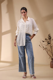 Women White Viscose 60's Modal Shirt with Beads Work